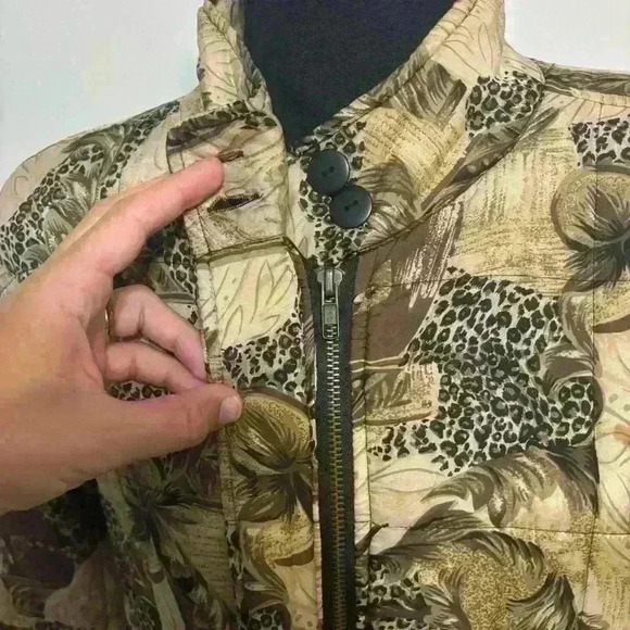 100% Silk Tan Leopard Abstract Anna & Frank Bomber Jacket Size Medium Vintage - Picture 9 of 11
